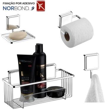 Imagem de Kit Porta Shampoo Saboneteira Suporte Papel Higiênico Gancho Banheiro Adesivo Dupla Face Cromado - Future