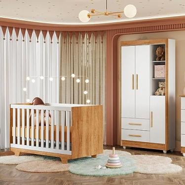 Imagem de Quarto de Bebê Guarda Roupa 3 Portas e Berço Mini Cama 100% Mdf com Colchão Nina Amadeirado/branco