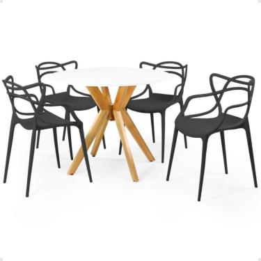 Imagem de Conjunto Mesa de Jantar Redonda Marci Branca 100cm com 4 Cadeiras Allegra - Preto