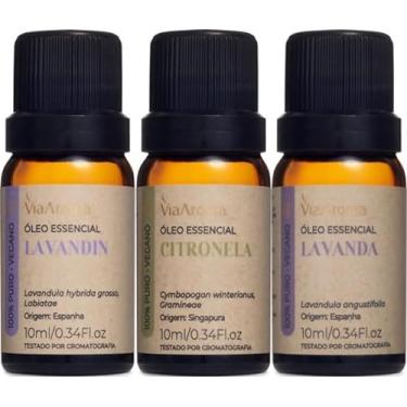 Imagem de Kit 3 Óleos Essenciais Via Aroma 100% Puros Clássicos Naturais Para Difusor, Massagem e Aromaterapia Escolha o seu (Lavanda+Lavandin+Citronela)
