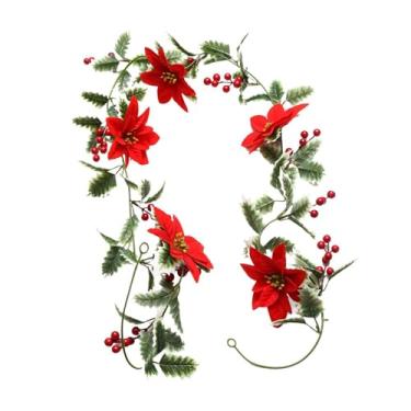 Imagem de Milageto Guirlanda de Natal com luzes 20 LEDs branco quente folhas e bagas de azevinho guirlanda de flores de Natal para manto doméstico, Folhas com borda branca