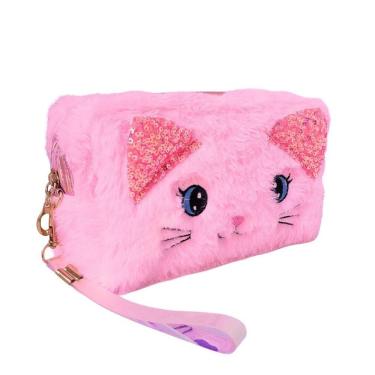 Imagem de Necessaire Estojo Porta Objetos Pelúcia Prime Gatinho Rosa - Lívon