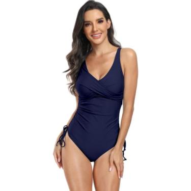 Imagem de Eforcase Maiô feminino de cintura alta, gola V, controle de barriga, amarrado na lateral, roupa de banho atlética, Azul escuro, GG