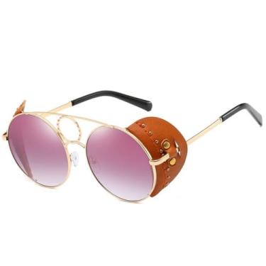 Imagem de Armação de couro de luxo óculos de sol redondos feminino steampunk liga rebite óculos de sol oversize espelho máscaras, 2, um tamanho