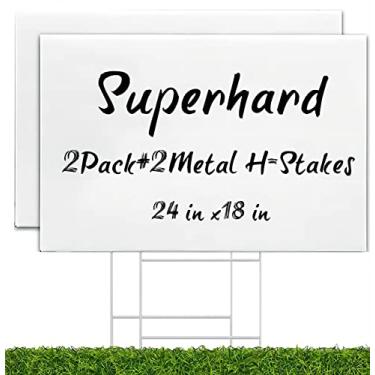 Imagem de WENWELL 2 placas de jardim em branco com estacas de metal H 45,7 x 61 cm, placa de venda de garagem de imóveis dupla face, placa de gramado de plástico ondulado, placas de exterior personalizadas DIY
