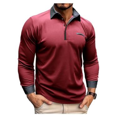 Imagem de Camisa polo masculina meia frente botões piqué pulôver cor sólida manga longa camisa clássica, Vinho tinto, 3G