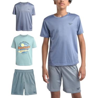 Imagem de Reebok Conjunto de shorts ativos para meninos - Camiseta de manga curta de desempenho de 3 peças e shorts de basquete de malha - Conjunto esportivo (8-12), Spray marítimo, 10