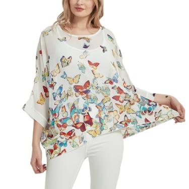 Imagem de Blusa feminina solta de chiffon com estampa floral Alicia, blusa morcego, boêmia, rodada, camiseta, Branco com borboletas, One Size Plus