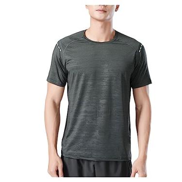 Imagem de Camiseta masculina atlética manga curta gola redonda de secagem rápida, lisa, elástica, leve, Cinza, XXG