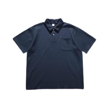 Imagem de Camisa polo unissex moderna com bolso, ombro caído, caimento solto, camiseta hip-hop urbana., Azul marinho, G