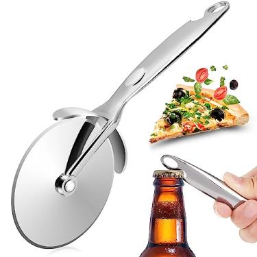 Imagem de Hanbramo Roda de cortador de pizza, com abridor de garrafa integrado, fatiador de pizza, cortador de pizza Festool para qualquer tamanho ou espessura, cortador de pizza de chef mimado, seguro para