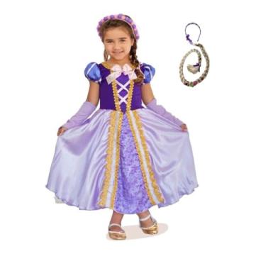 Imagem de Vestido de Fantasia Infantil Princesa Rapunzel Opção Com Trança e Luvas (Vestido Com Trança, G)