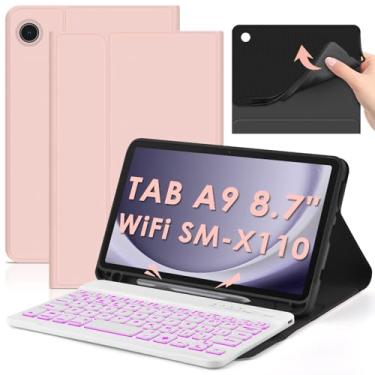 Imagem de DETUOSI Capa com teclado retroiluminado para tablet Android Samsung Galaxy Tab A9 22.1 cm (SM-X110/ X115/X117) 2023 Wi-Fi com suporte S PEN + traseira de silicone + teclado retroiluminado destacável