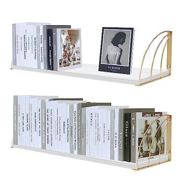 Imagem de KDCMXS Estante de parede branca de madeira de pinheiro grande, 80 × 19 cm, prateleiras flutuantes brancas e douradas com linhas elegantes, prateleiras de livros flutuantes para parede, prateleiras de