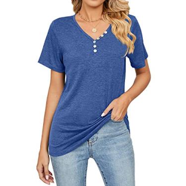 Imagem de Camisetas femininas com botões e gola V, manga curta, túnica básica, casual, de malha, R - azul-escuro, XXG