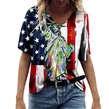 Imagem de Camiseta feminina com bandeira americana manga curta bandeira dos EUA 4 de julho camiseta solta patriótica gola V, Verde, GG