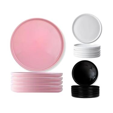 Imagem de Jogo Com 6 Pratos De Cerâmica Artesanal Raso Branco Preto Rosa Mesa Posta Redondo Borda Reta Jantar Cozinha Resistente Presente Casamento Luxuoso Qualidade Premium (ROSA)