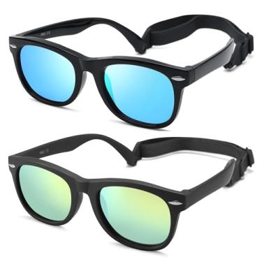 Imagem de LIU·WEN Óculos de sol polarizados fofos para bebês – Flexível dobrável com alça para recém-nascidos, meninos e meninas de 0 a 24 meses, Espelho B5 preto brilhante/azul + cinza fosco/dourado espelhado,