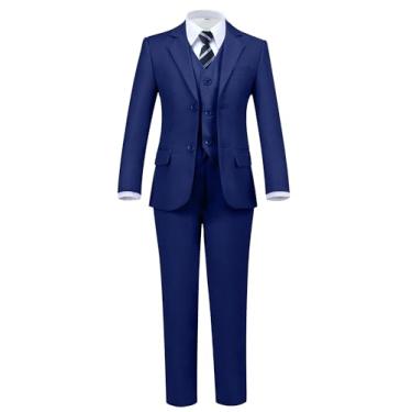 Imagem de Hipfun Conjunto de terno formal de 5 peças para meninos com paletó, colete, calça, camisa social com colarinho e gravata, 5 peças, azul royal escuro, 3