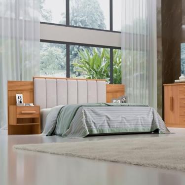Imagem de Cabeceira Casal Queen 160 Cm Ripada 100% Mdf Estofada Isis com 02 Mesas de Cabeceira Espresso Móveis Cinamomo/Areia