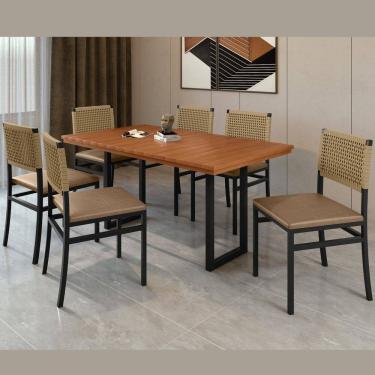 Imagem de Conjunto Itália Tampo Ripado Eucalípto 160x90cm com 6 Cadeiras Madri Preto/Bege