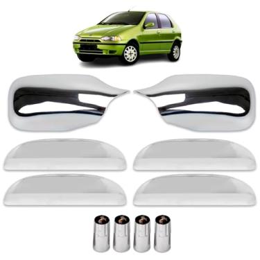 Imagem de Kit Apliques Cromados Maçanetas laterais + Aplique de retrovisores lados direito e esquerdo Tampas de válvula de pneu Brasil Aplique cromado tampa de combustível Palio G1 1996/2000 Siena 1996/2000