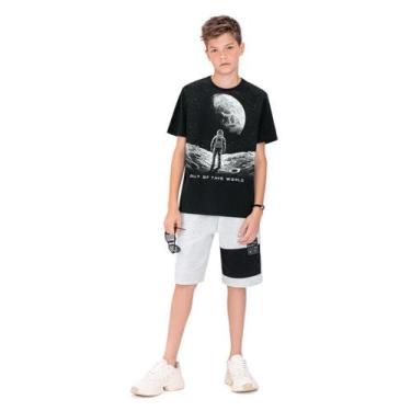 Imagem de Conjunto Juvenil Lemon Camiseta Algodão Bermuda Moletom Leve Preto/Mes