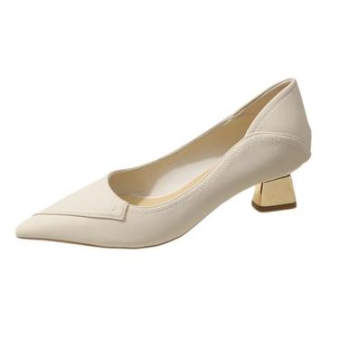 Imagem de UNWRBD Sapatos de salto baixo de bico fino para mulheres na primavera e outono cor nude boca rasa temperamento simples salto alto, branco, BR 39