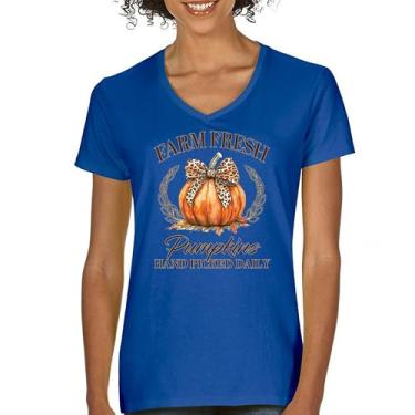 Imagem de Camiseta feminina gola V Farm Fresh Pumpkins outono aconchegante estação do labirinto de milho festival dia de ação de graças peru outono linda camiseta, Azul, G