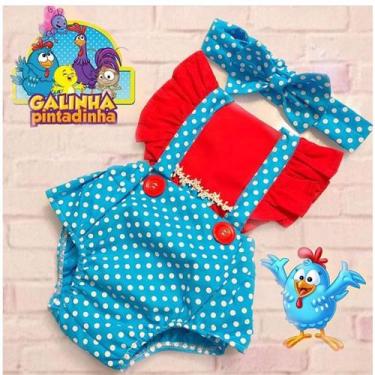 Imagem de Jardineira Romper Bunda Rica Conjunto Body Galinha Pintadinha Vermelha