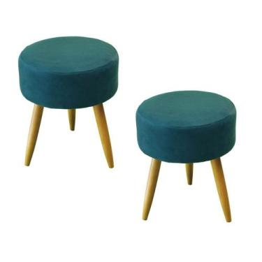 Imagem de Kit 02 Puffs Banqueta Redondo Classic Suede Azul Pavão Pés Madeira Pal