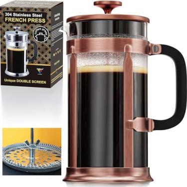 Imagem de EzDtach Cafeteira de vidro prensa francesa de cobre de 1000 ml – Pote de vidro borossilicato de filtro duplo com coffee press de aço inoxidável 304 e 2 telas extras, design fácil de usar e limpar para