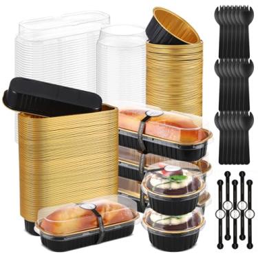 Imagem de Suclain Conjunto de 200 mini formas de pão com tampas, pacote com 100, 192 g, folhas de alumínio, retangulares, 100 unidades, 142 g, copos de cupcake redondos descartáveis, pacote com 200 adesivos de