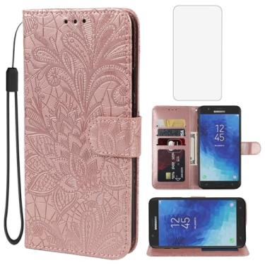 Imagem de Gufuwo Capa para Galaxy J7 2018/J7 Aero/J7 Aura/J7 Top/J7 Crown/J7 Eon Capa carteira com protetor de tela de vidro temperado, capa de celular flip de couro com suporte de cartão de crédito para