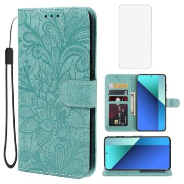 Imagem de Gufuwo Capa para Redmi Note 13 4G, capa carteira 23129RAA4G com protetor de tela de vidro temperado, flor de renda, couro PU, flip com suporte para cartão de crédito, capa para celular para Xiaomi