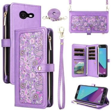 Imagem de Dswteny Capa carteira floral para Samsung Galaxy J7 Prime 2017 J 7 Skypro Sky Pro J7V V S727VL com alça de pulso, suporte para cartão de crédito, capa para celular para Halo 7J Perx J7prime roxo