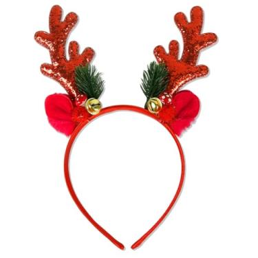 Imagem de DIUEWOW Tiaras de Natal com glitter, chifres de alce, faixas de cabelo vermelhas, lantejoulas, chifres de rena, chifres de cabeça, acessório para festas de fim de ano para mulheres e meninas
