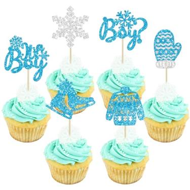 Imagem de 24Pcs Snowflake It's a Boy Cupcake Toppers Glitter Gloves Sweater Winter Frozen Cupcake Picks Wonderland Boys Birthday Baby Shower Cake Decorations Party Supplies Blue