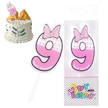 Imagem de NKM Minnie Vela de aniversário de 9 anos, rosa Minnie número 9 vela de bolo topo de bolo de aniversário para decorações de festa de aniversário Minnie 9 anos