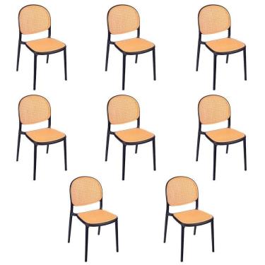 Imagem de Kit 8 Cadeiras Jantar Cozinha Cafeteria Mumbai Tela Palha Plástico Preto