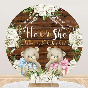 Imagem de Yeele Urso de 1,8 m x 1,8 m revela o fundo redondo He or She What Will Baby Be branco floral rústico madeira fundo fotografia para gravidez revelar decoração de chá de bebê banner foto adereços