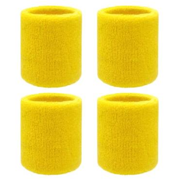 Imagem de Pacote com 4 faixas de suor de 7,6 cm de pulso de tênis absorventes para homens e mulheres - pulseiras elásticas atléticas para tênis, basquete, corrida, malhar (amarelo)