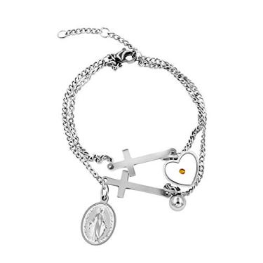 Imagem de Tbrand Pulseira Mother Mary Miraculous Medal Link Chain Bracelet Mustard Seed Heart Charms Side Cross Bracelete ajustável para mulheres adolescentes meninas ZY080
