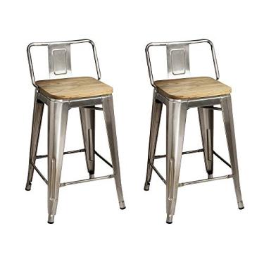 Imagem de GIA Cadeira de metal com encosto baixo de 61 cm de altura de balcão com assento de madeira clara, bronze metálico, conjunto de 2