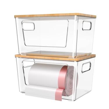 Imagem de Suporte de saco de lixo com tampa de bambu, dispensador de saco de lixo empilhável, suporte de saco de lixo extragrande para cozinha, lavanderia, organização e armazenamento sob a pia