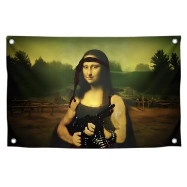 Imagem de Tapeçaria bandeira Mona Lisa com uma metralhadora com quatro argolas de latão - Bandeiras legais para decoração de quarto de meninos - Banner de arma engraçado para decoração de parede sala de estar -