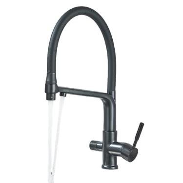Imagem de Torneira de cozinha com filtro, modo de fluxo/chuveiro, saída de água, rotação de 360 graus, torneira de montagem no deck, água potável, flexível, preto fosco