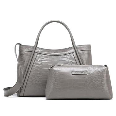 Imagem de NEWBELLA Bolsa feminina Kelly com zíper, bolsa Hobo de couro vegano grande com alça de ombro e bolsa, estampa de crocodilo, Cinza, for 13 inch laptop