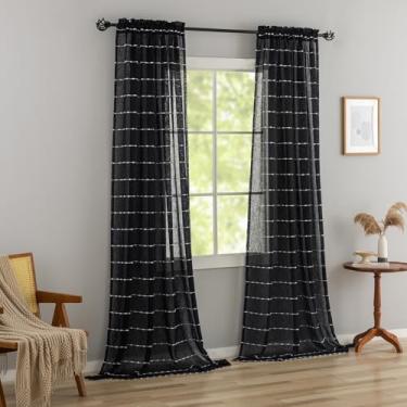 Imagem de Cortinas pretas transparentes 228 cm de comprimento Boho preto e branco listrado cortinas bordadas de voile para sala de estar quarto filtragem de luz janela tratamentos 2 painéis 132 cm L x 228 cm C