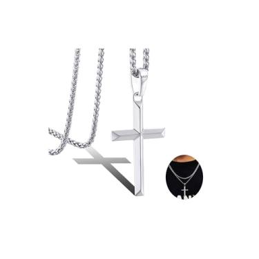 Imagem de LOFITOR Colar de cruz de prata esterlina 925 para homens e mulheres com corrente de trigo forte durável de aço inoxidável de 3 mm banhado a ouro branco 18 K borda chanfrada colar pingente crucifixo joias presentes 45-66 centímetros, 22 In=56 Cm, Prata esterlina, Sem Pedra Preciosa